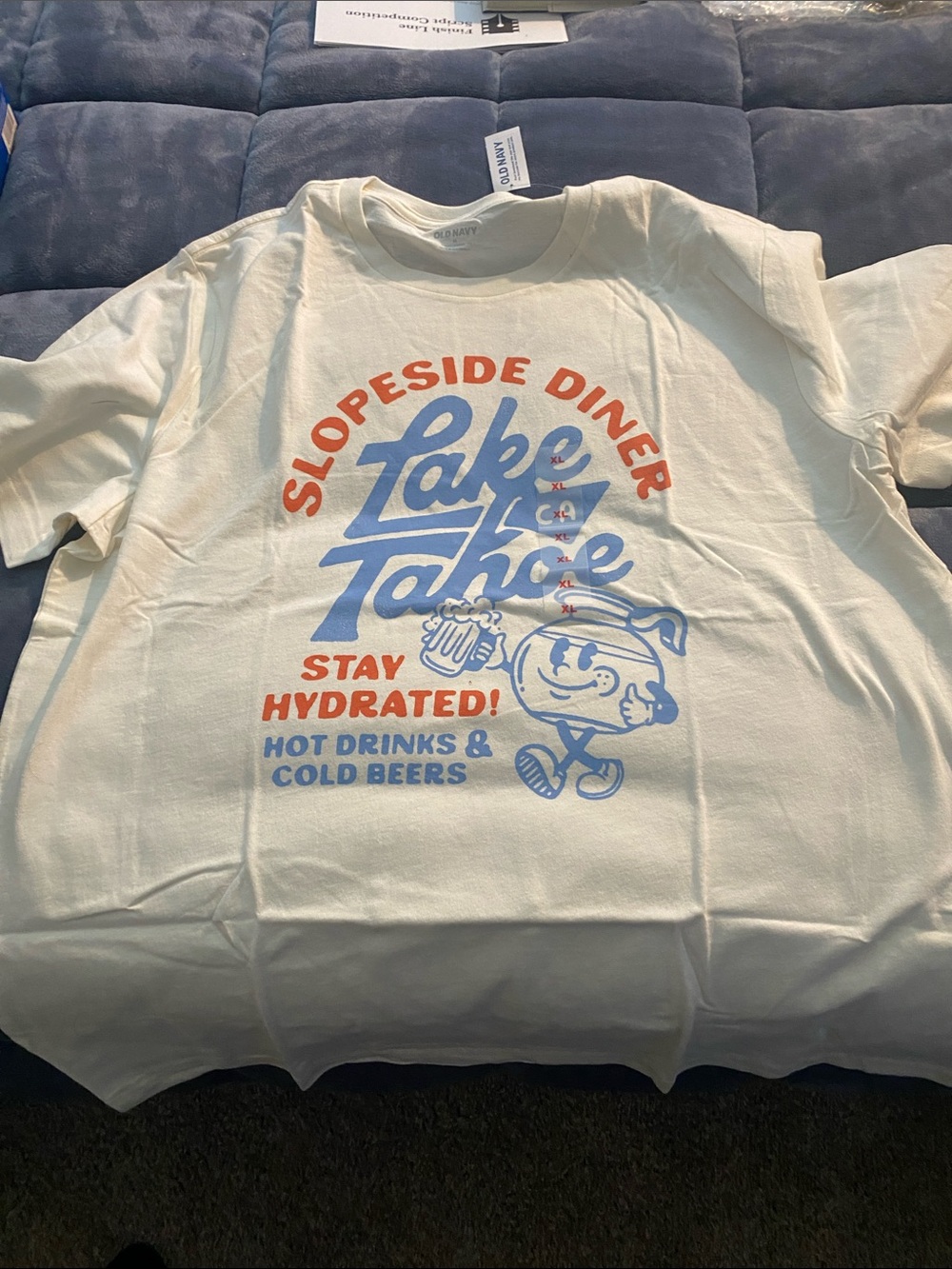 Old Navy Cream Short Sleeve Tee with Blue and Orange Lake Tahoe Graphic